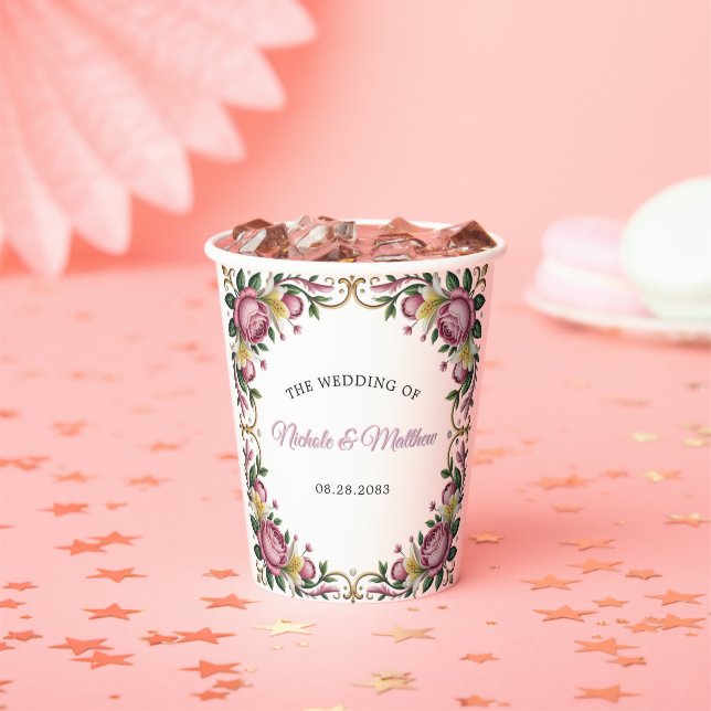 Pink Peonies Rococo Frame Wedding Paper Cups (Insitu)