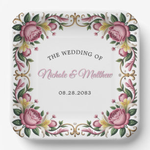 Pink Peonies Rococo Frame Wedding Paper Plate