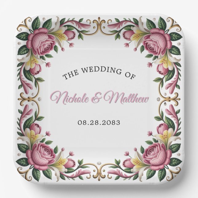 Pink Peonies Rococo Frame Wedding Paper Plate (Front)