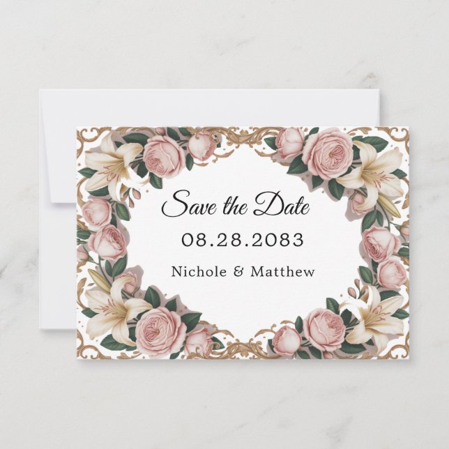 Pink Peonies Rococo Frame Wedding Save The Date (Front)