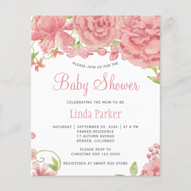 Pink peonies rustic budget baby shower invitation (Front)
