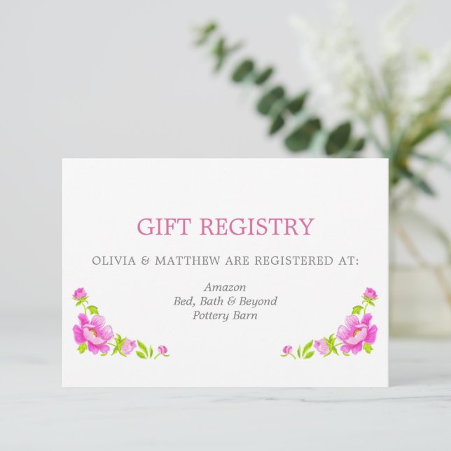 Pink Peonies Silver Wedding Gift Registry Enclosure Card (Standing Front)