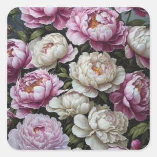 Pink peonies square sticker