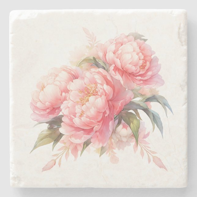 Pink Peonies Stone Coaster (Front)