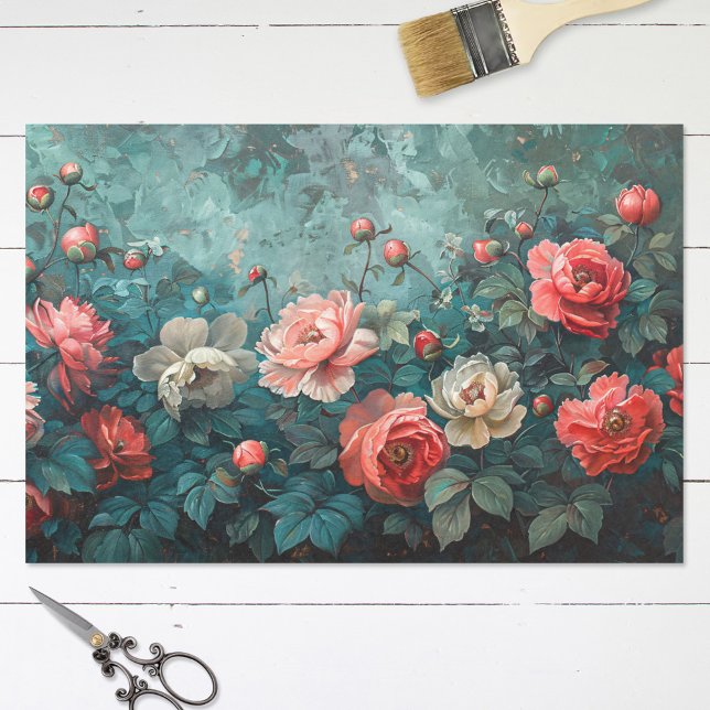 Pink Peonies Teal Background Painting Decoupage Tissue Paper (Creator Uploaded)