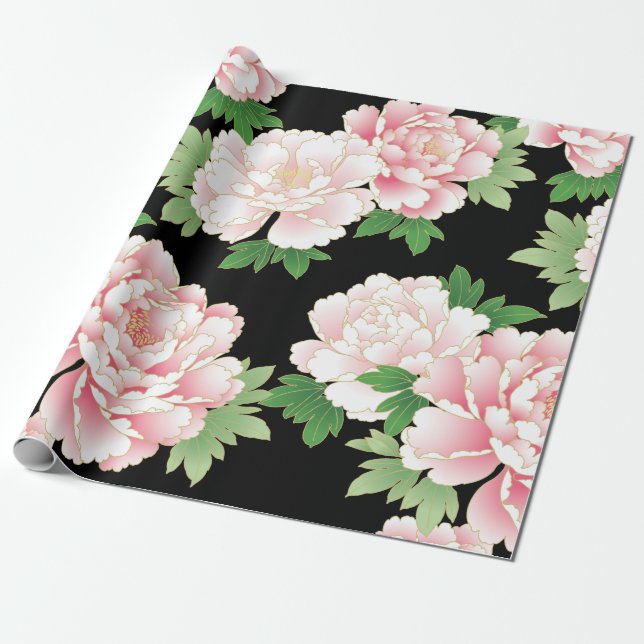 Pink Peonies Vintage Floral Kimono Wrapping Paper (Unrolled)