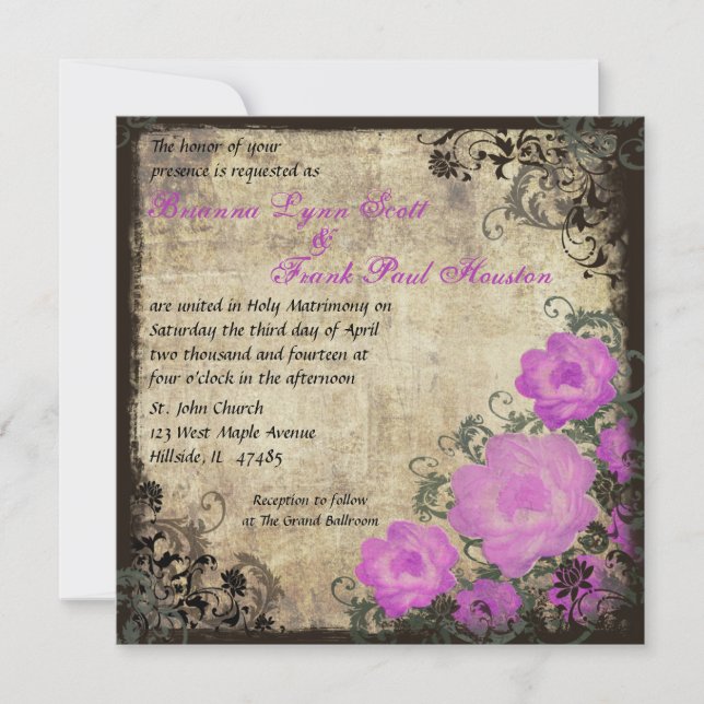 Pink Peonies Vintage Wedding Invitation (Front)