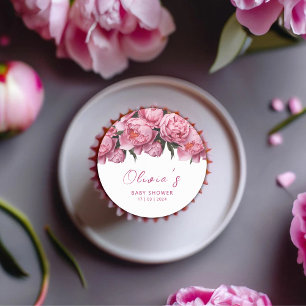 Pink Peonies Watercolor Baby Shower Classic Round Sticker