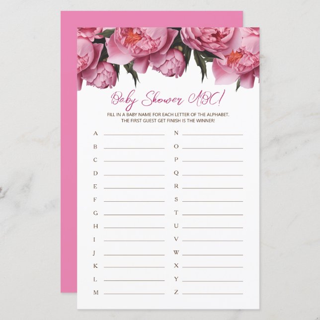 Pink Peonies Watercolor Baby Shower Game ABC (Front/Back)