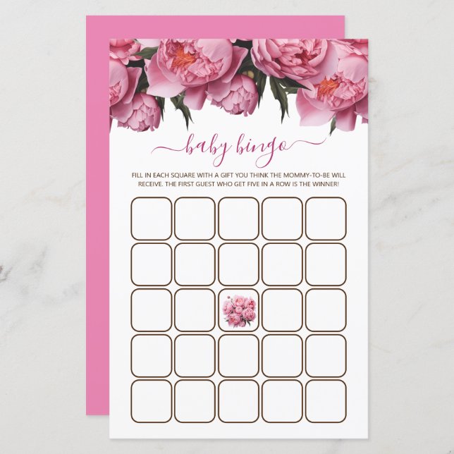 Pink Peonies Watercolor Baby Shower Game Bingo (Front/Back)