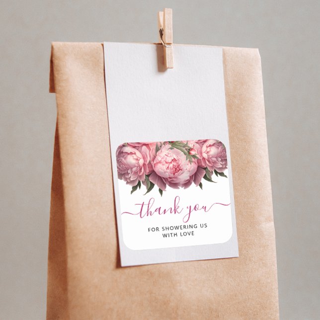 Pink Peonies Watercolor Baby Shower Thank You Square Sticker (Pink Peonies Watercolor Baby Shower Thank You Square Sticker)