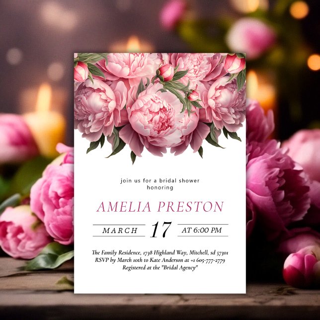 Pink Peonies Watercolor Bridal Shower Invitation (Pink Peonies Watercolor Bridal Shower Invitation)