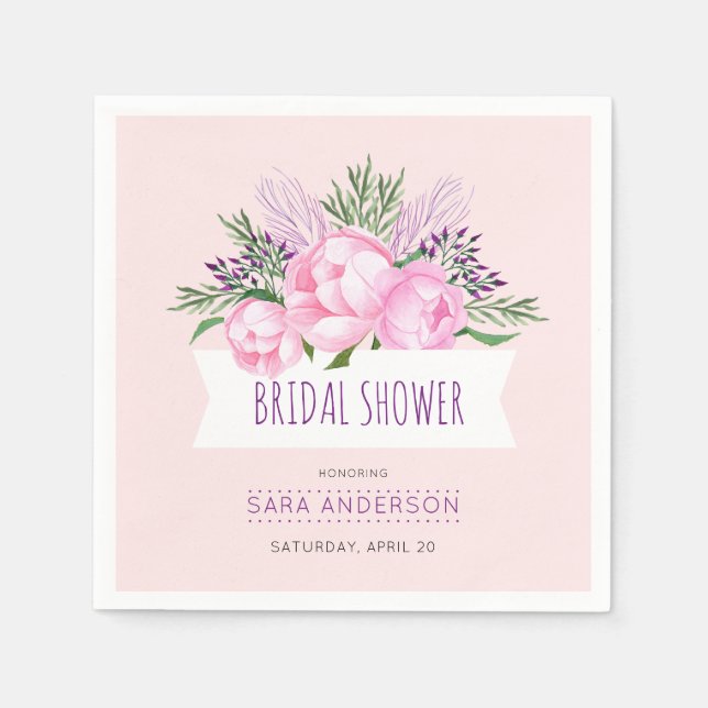 Pink Peonies Watercolor Bridal Shower Napkin (Front)