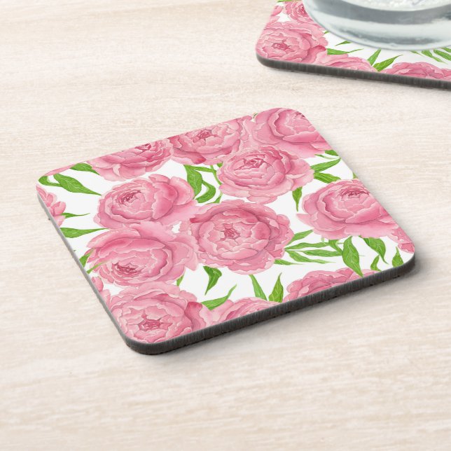 Pink peonies watercolor coaster (Left Side)