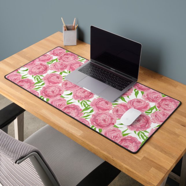 Pink peonies watercolor desk mat (Office 2)