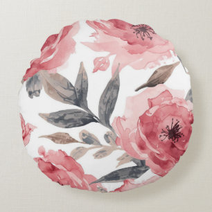 Pink Peonies Watercolor Floral Botanical Painted Round Cushion