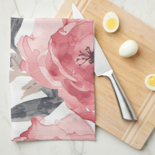 Pink Peonies Watercolor Floral Botanical Painted Tea Towel