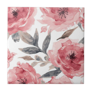 Pink Peonies Watercolor Floral Botanical Painted Tile