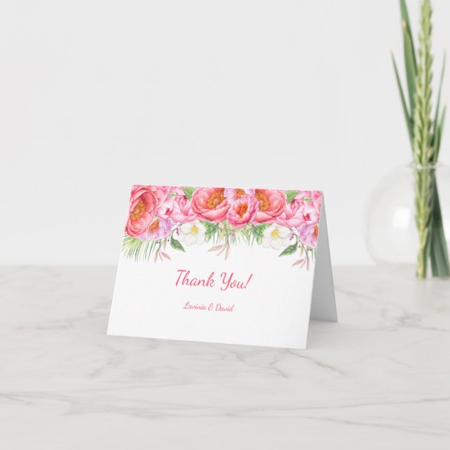 Pink Peonies Watercolor Florals Wedding Thank You Card (Front)