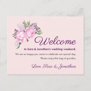 Pink Peonies Watercolor Wedding Welcome Postcard