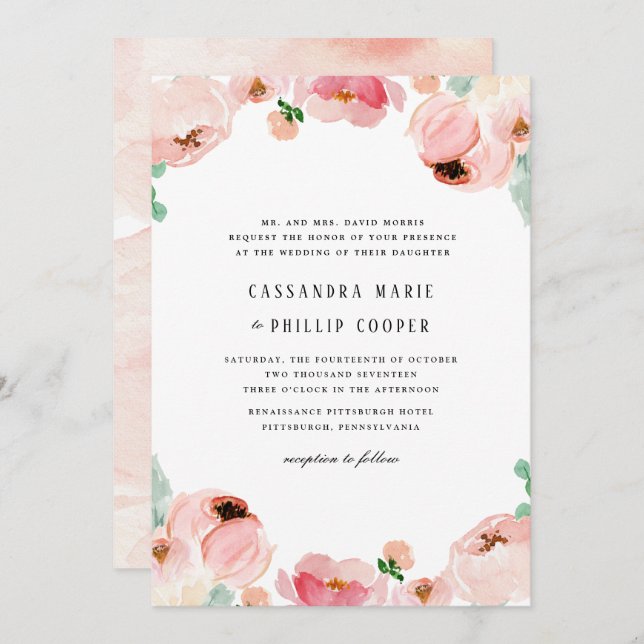 Pink Peonies Wedding Invitation Suite (Front/Back)