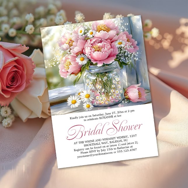 Pink Peonies White Daisies in Mason Jar Invitation (Creator Uploaded)