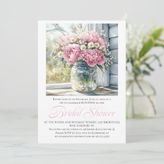 Pink Peonies White Daisies in Mason Jar Invitation