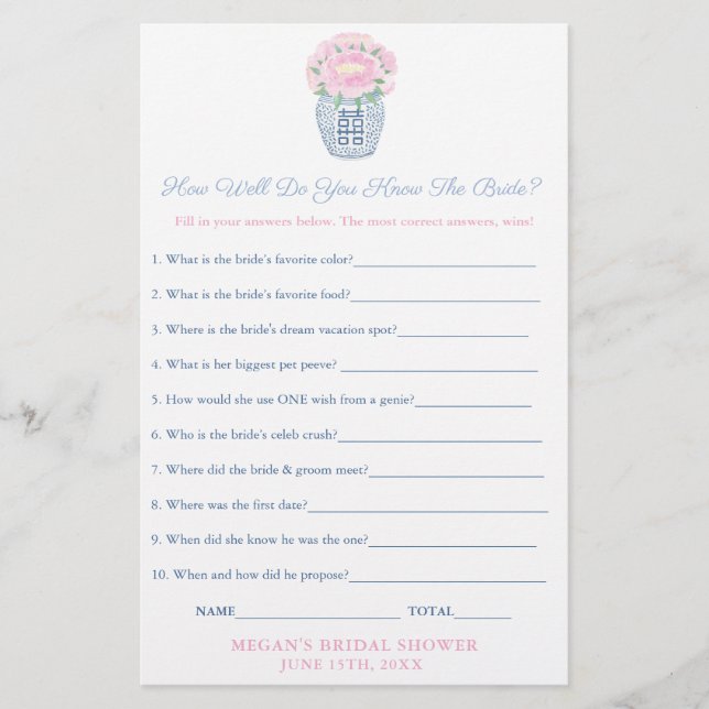 Pink Peonies Who Knows Bride The Best Game Sheet (Front)