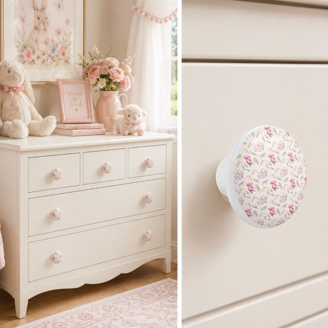 Pink Peonies With Bamboo Leaves Pattern Ceramic Knob (Creator Uploaded)