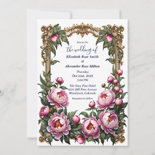 Pink peonies with beautiful art frame wedding invitation