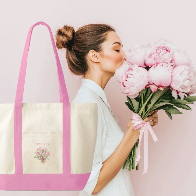 Pink Peonies with Bow Coquette Contrast Trim Tote Bag (Pink Peony tote bag with personalized custom name)