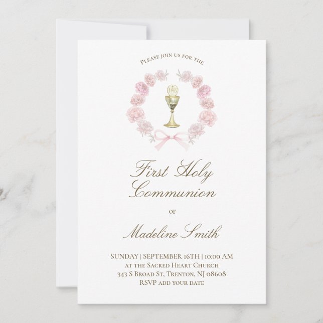 pink peonies wreath first communion  invitation (Front)