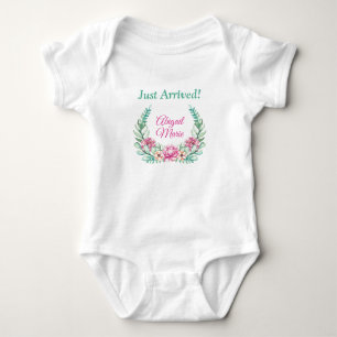 Pink Peonies Wreath Personalised Just Arrived Baby Bodysuit