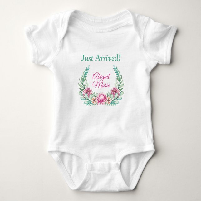 Pink Peonies Wreath Personalised Just Arrived Baby Bodysuit (Front)