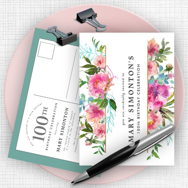 Pink Peony 100th Birthday Invitation Postcard (Creator Uploaded)
