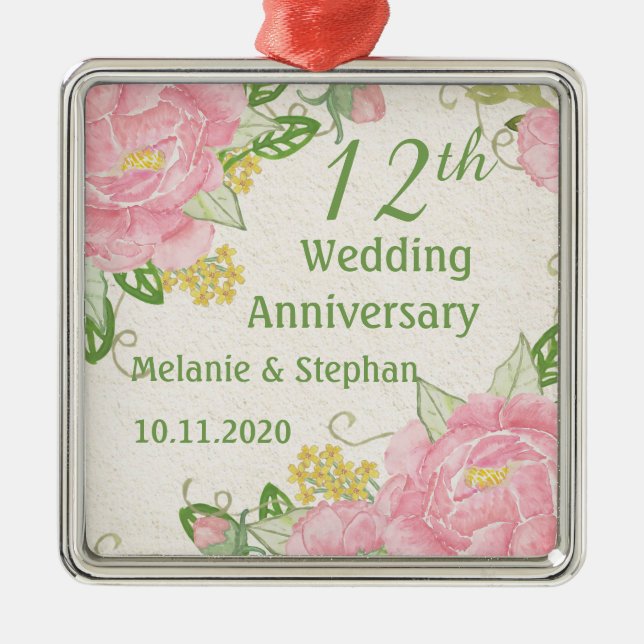 Pink peony 12th Wedding Anniversary Ornament (Front)