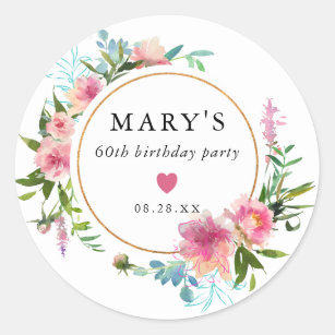 Pink Peony 60th Birthday Party Favour Classic Round Sticker