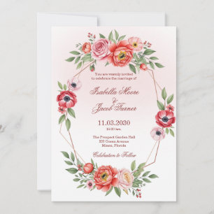Pink Peony and Anemone Floral Geometric Wedding  Invitation
