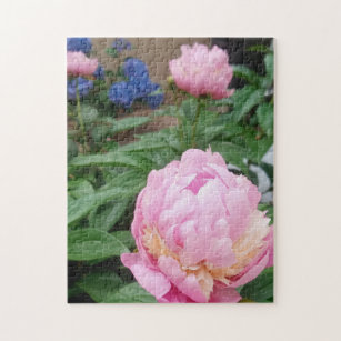 Pink Peony and Blue Hydrangea Garden Flowers  Jigsaw Puzzle