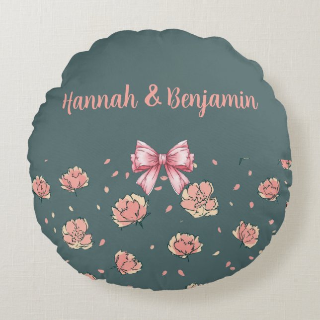 Pink Peony and Bow Pattern Round Cushion (Front)