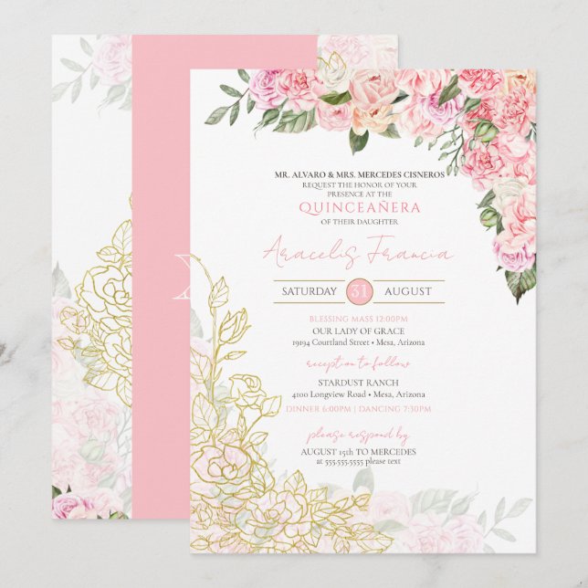 Pink Peony and Gold Floral Quinceanera Quince Anos Invitation (Front/Back)
