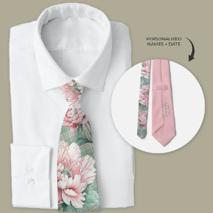 Pink Peony and Plaid Floral Groomsmen  Tie