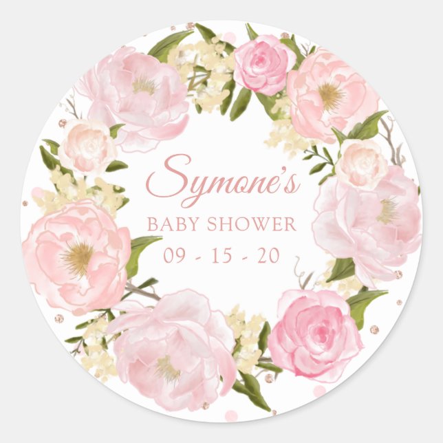 Pink Peony and Rose Gold Polkadot Baby Shower Classic Round Sticker (Front)