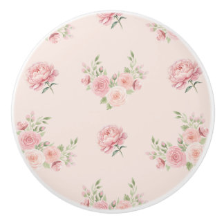 Pink Peony and Rose Pattern Ceramic Knob