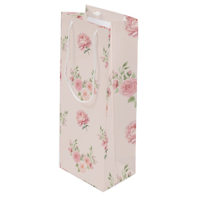Pink Peony and Rose Pattern Wine Gift Bag (Front Angled)