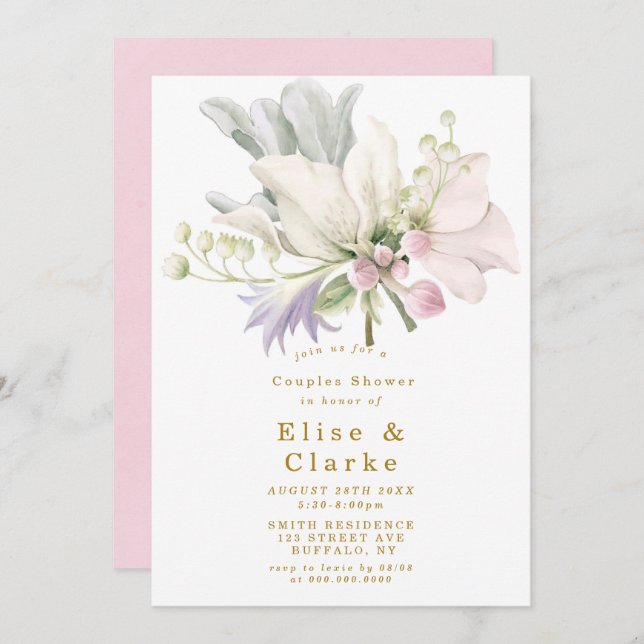 Pink Peony Anemone Gold Couples Shower Invite (Front/Back)