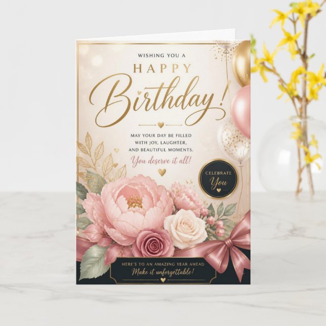 Pink Peony Balloons Birthday Card (Yellow Flower)