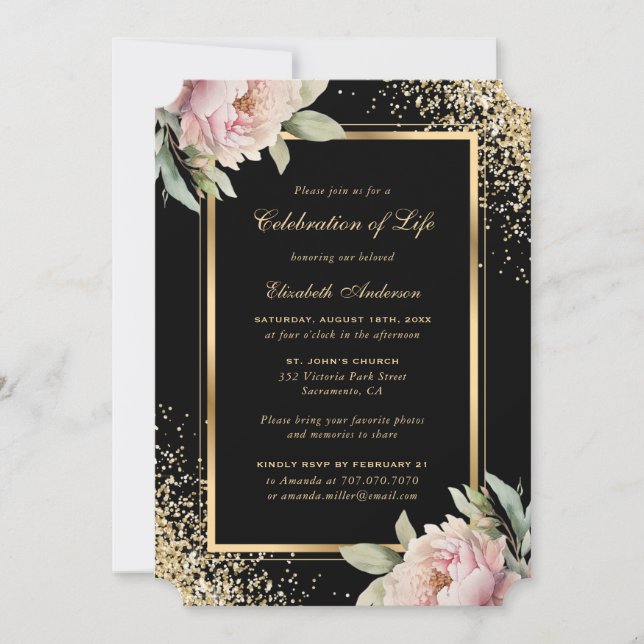 Pink Peony Black Gold Photo Celebration of Life Invitation (Front)
