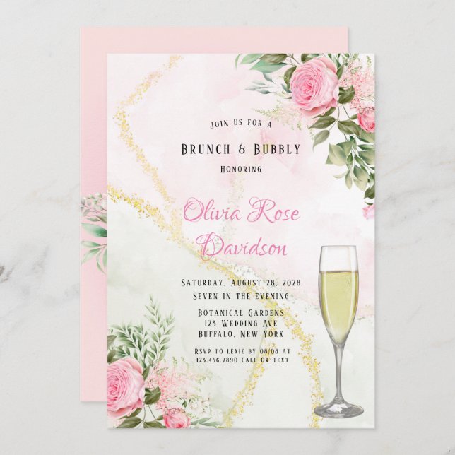 Pink Peony Bloom Alcohol Ink Brunch & Bubbly Invitation (Front/Back)