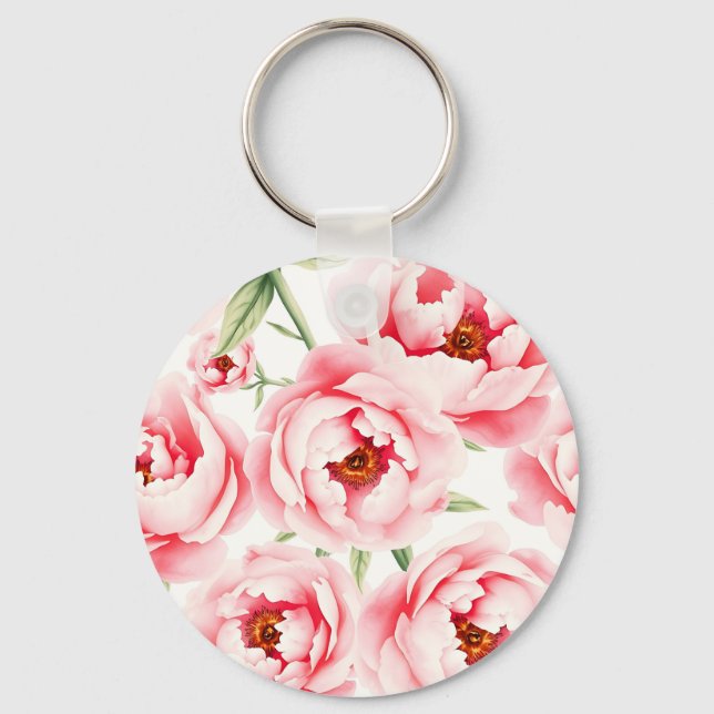 Pink Peony Blooms Watercolor Pattern Key Ring (Front)